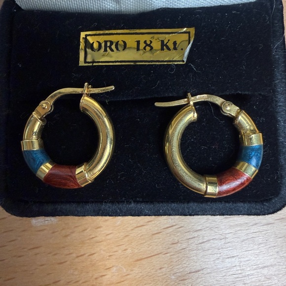 18K Solid Gold Argentine Huggie Hoops 750 Stamped Enamel Detail